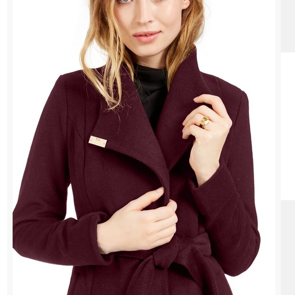 MICHAEL Michael Kors Asymmetrical belted wool merlot coat Sz M - Picture 14 of 15